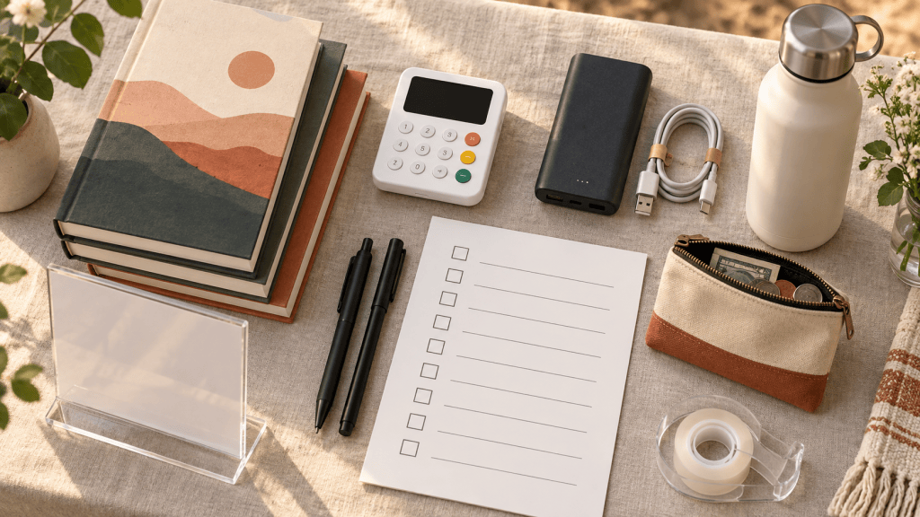 Books, a card reader, pens, a power bank, sign holder, tape, and checklist