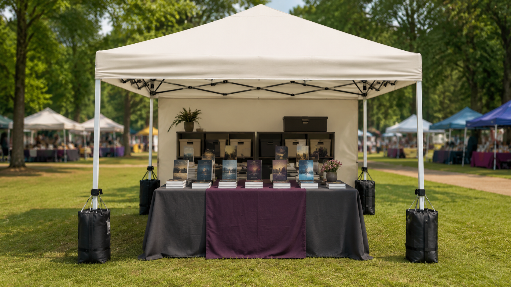 Outdoor author booth under a 10-by-10 canopy with weighted legs, a tablecloth, and displayed books