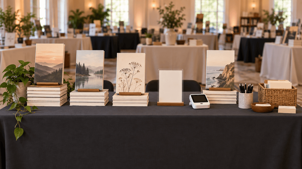Author event table with face-out books, risers, a sign holder, and a card reader