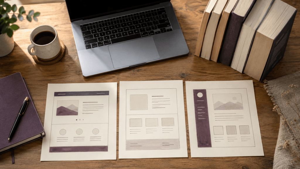 Laptop and three unlabeled website layout sketches arranged beside paperback books on an author desk