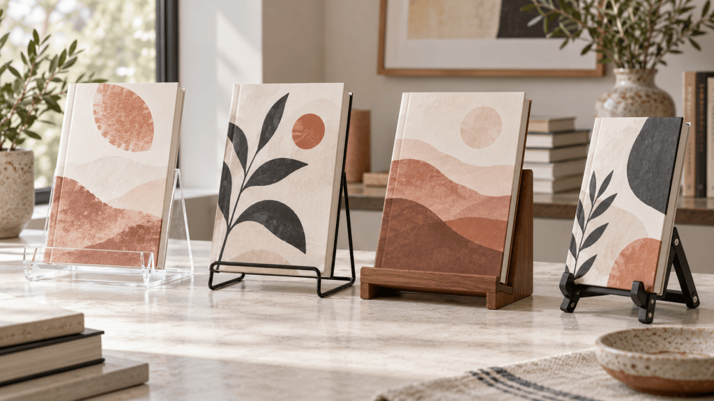 Acrylic, metal, wood, and folding stands displaying books