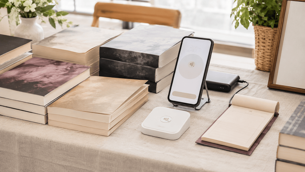 Author-event checkout setup with stacked books, an unbranded card reader, phone stand, and power bank