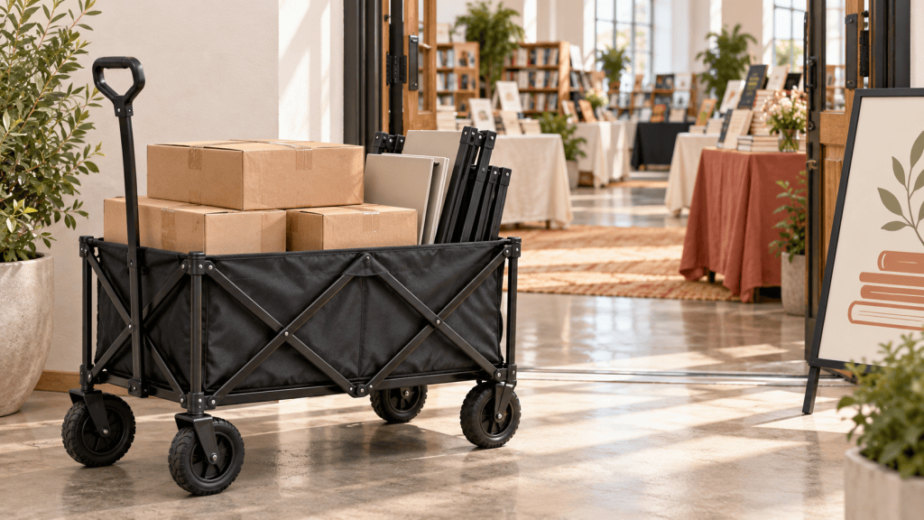 Collapsible wagon carrying book cartons and display stands into a book fair