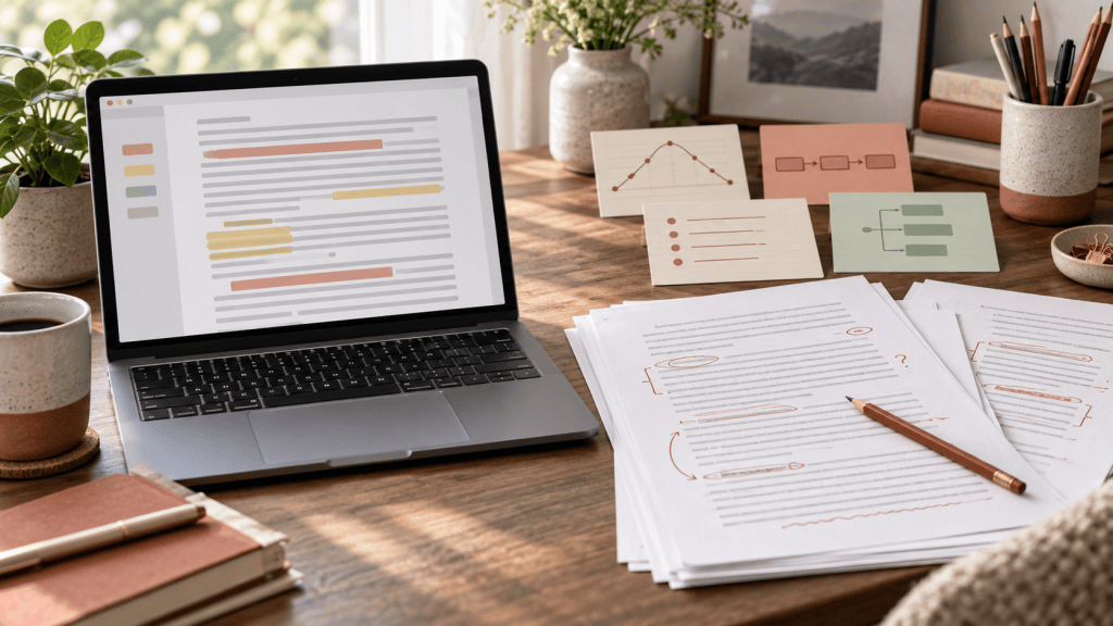 Laptop manuscript beside marked-up revision pages and plot cards