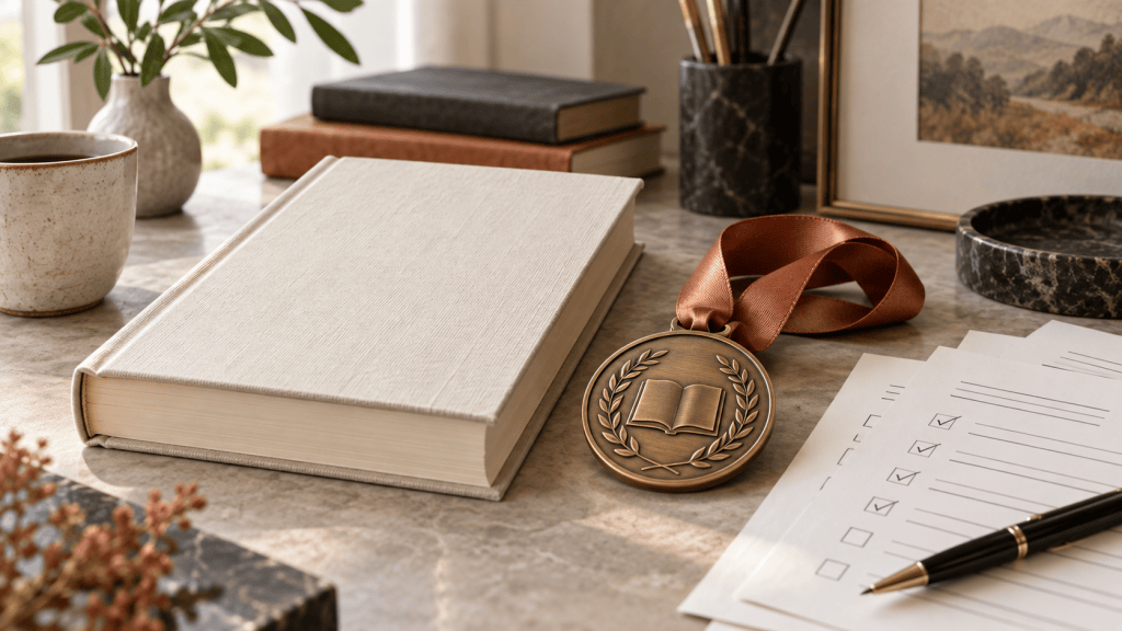 Book beside a bronze literary medal and judging score sheets