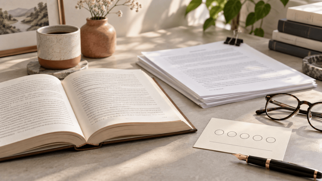 Open book, editorial review pages, a rating card, and a pen on a desk