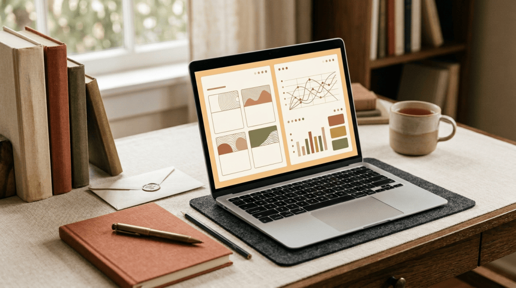 Laptop showing two abstract email dashboards beside books and a notebook