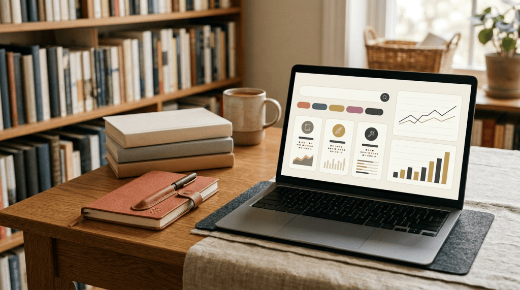 Laptop showing abstract keyword and category research charts beside books and a notebook