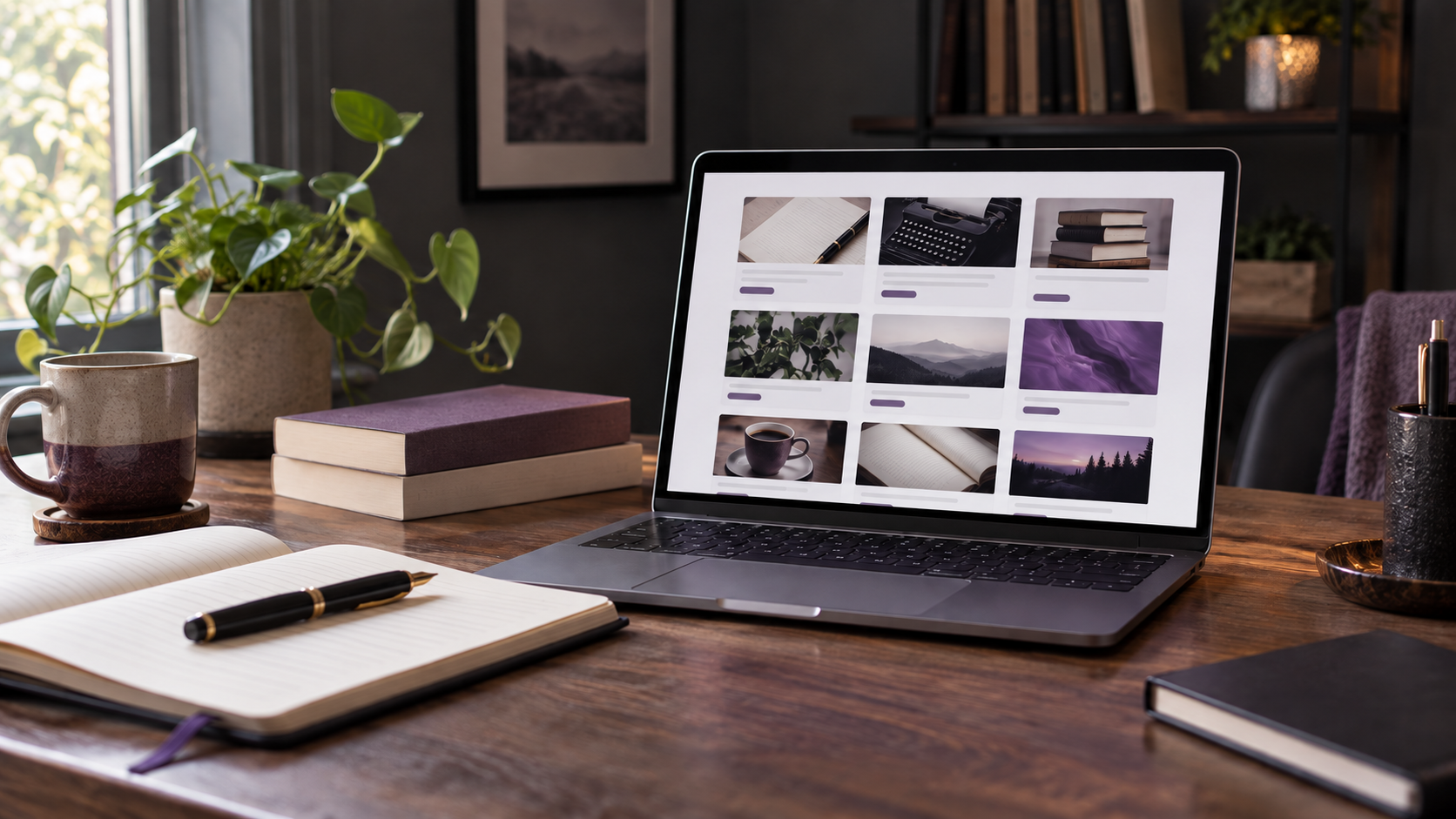 Laptop showing writing websites beside books and a notebook in an author workspace