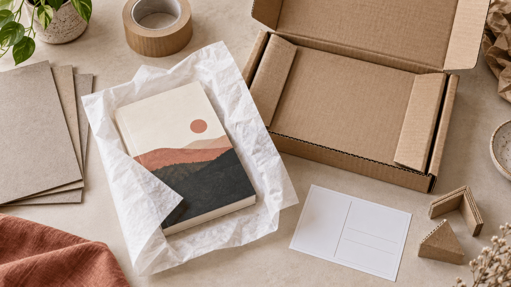 Signed book with a rigid mailer, tissue, tape, and packing materials