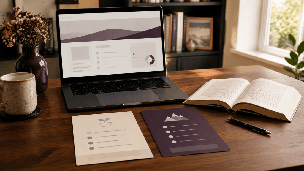 Author workspace with a laptop, open book, and two website planning cards representing Basic and Pro options