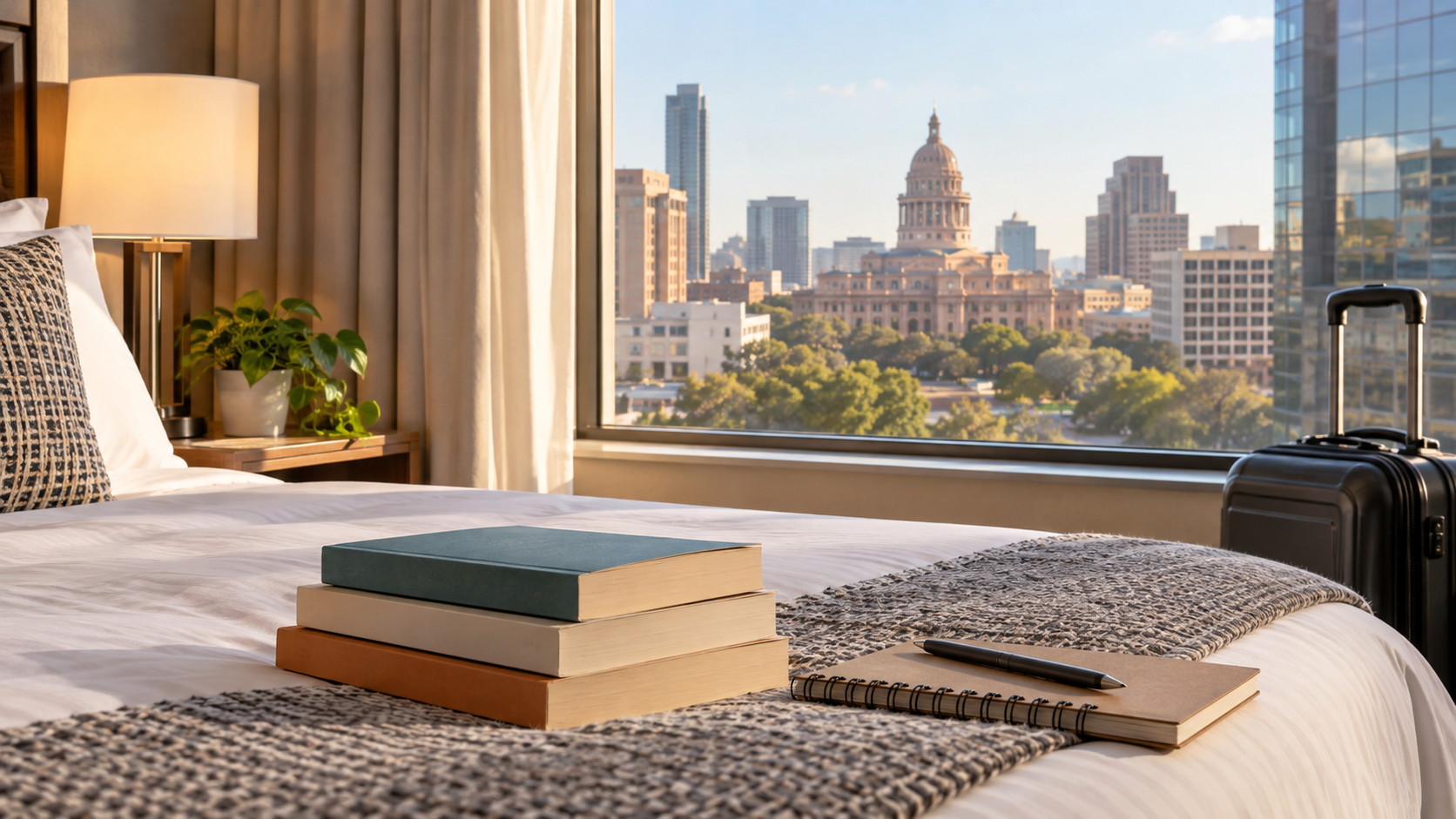 Illustrative Austin hotel room with books, a suitcase, and the Texas State Capitol in the distance