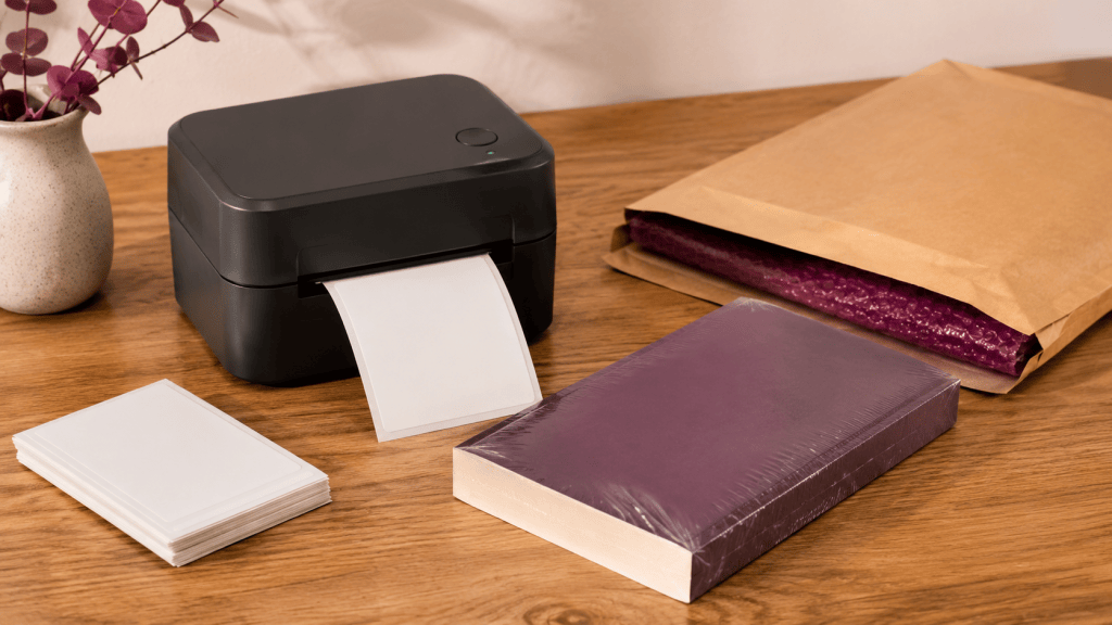 Compact thermal label printer beside a protected paperback, blank shipping label, and kraft book mailer
