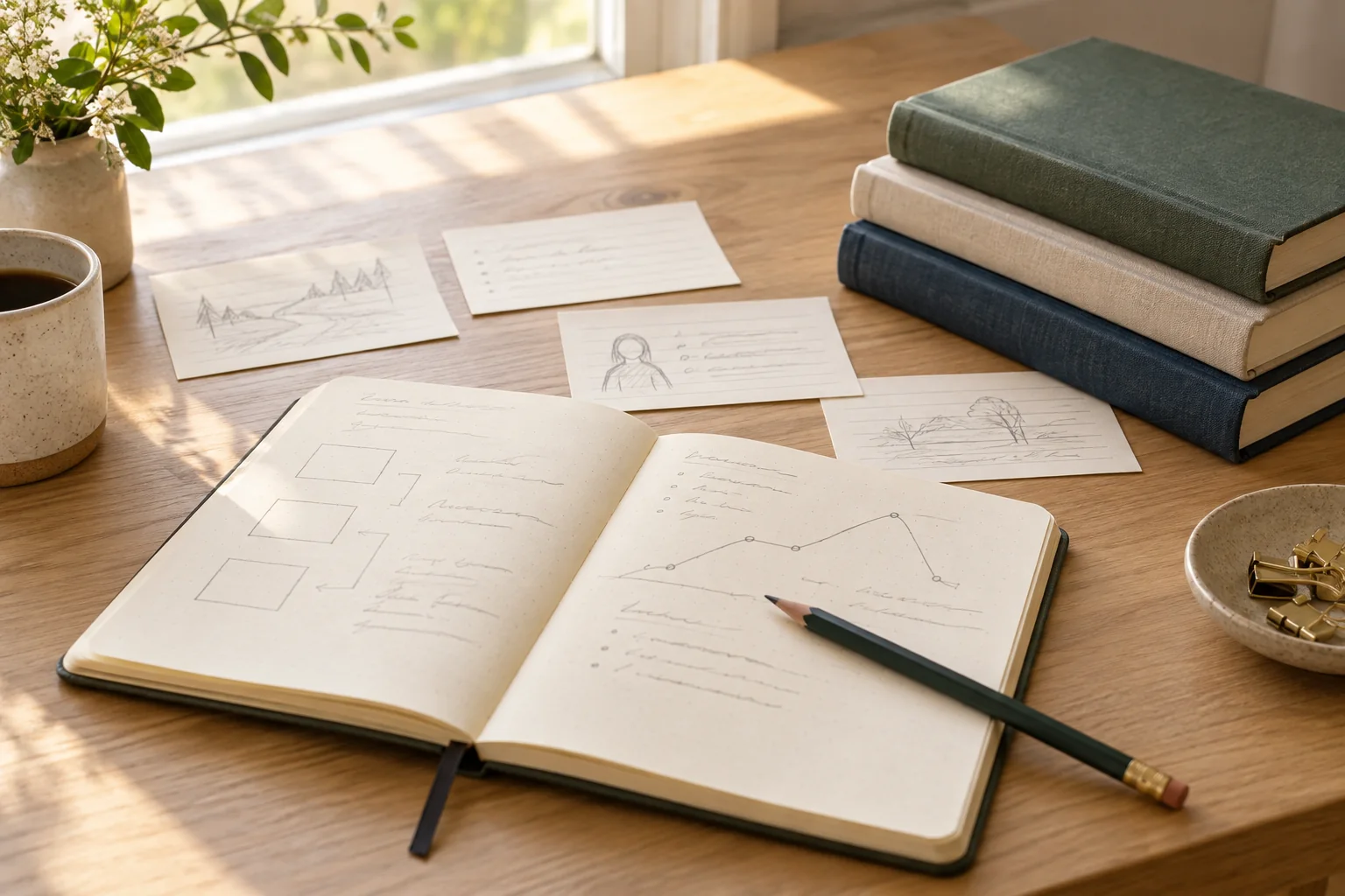 An open notebook, story planning index cards, pencil, and stack of books on a sunlit writing desk.
