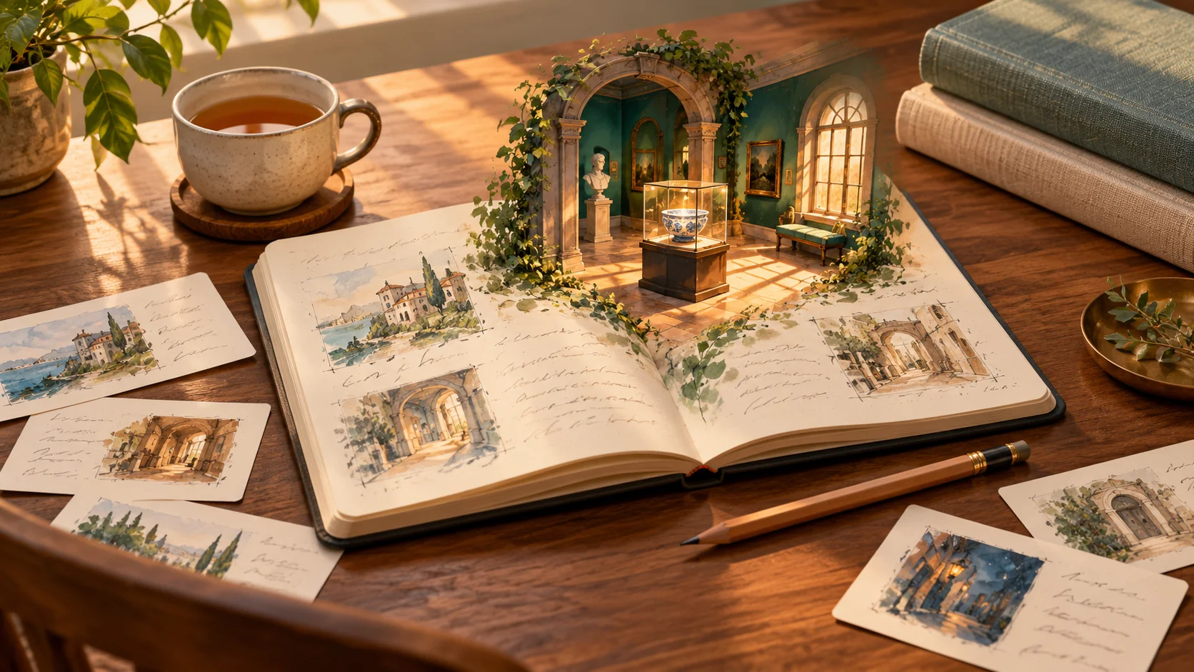 Open writing notebook and scene cards on a warm wooden desk, with an imagined museum scene rising from the pages.
